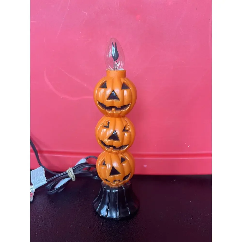 Vintage Halloween Stacked Jack O Lantern Plastic Blow Mold Candle Needs Bulb